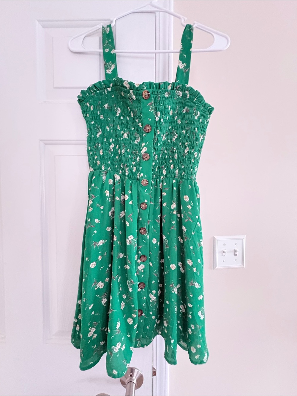 Jessica Simpson Green Floral Smocked Button Mini Dress
